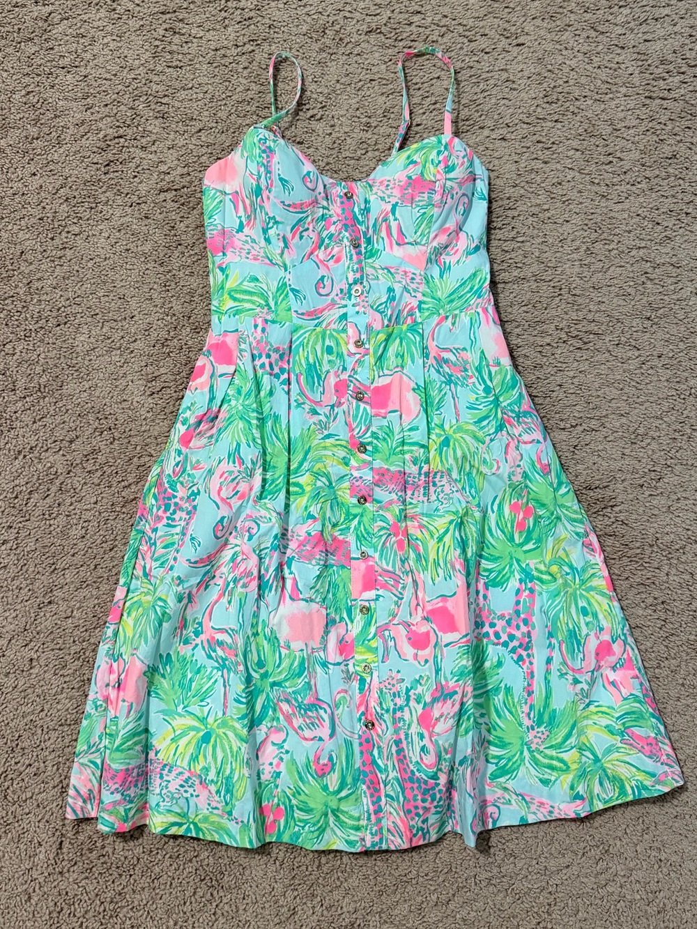 Lilly Pulitzer Pink & Green Tropical Print Spaghetti Strap Dress